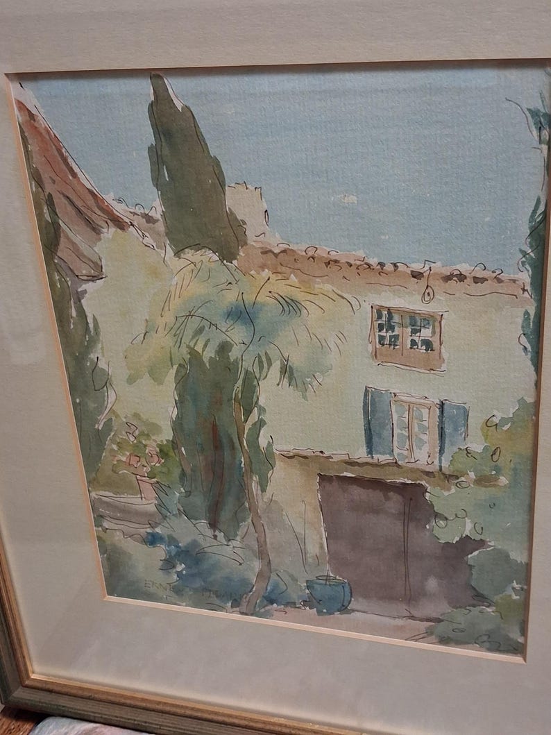 Vintage Original Painting British Artisr Ernest Fedarb 32x37 cm, watercolour with ink, signed, framed image 4