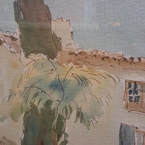 May include: Watercolor painting of a European village scene. The artwork depicts a building with a tiled roof, a tree, and a light blue sky. The color palette includes shades of brown, green, and blue.