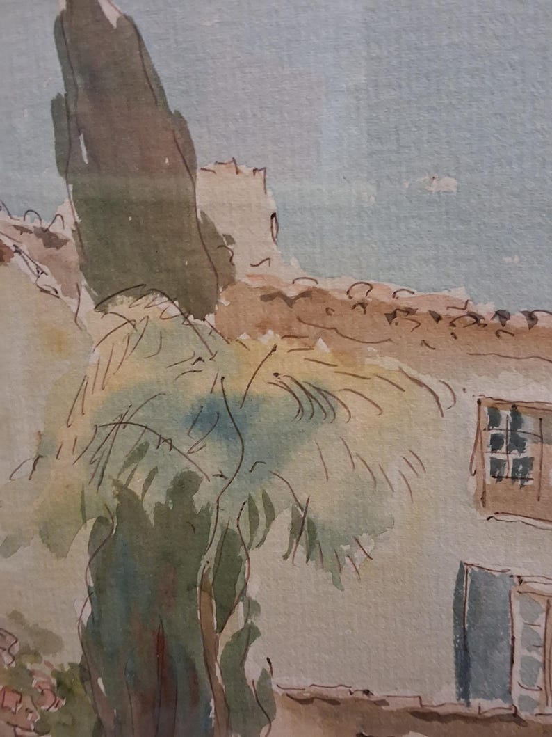 May include: Watercolor painting of a European village scene. The artwork depicts a building with a tiled roof, a tree, and a light blue sky. The color palette includes shades of brown, green, and blue.
