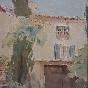 May include: Watercolor painting of a building with a brown door and blue shutters. The artwork depicts a sunny day with a light blue sky and lush greenery. A blue pot sits in the foreground.