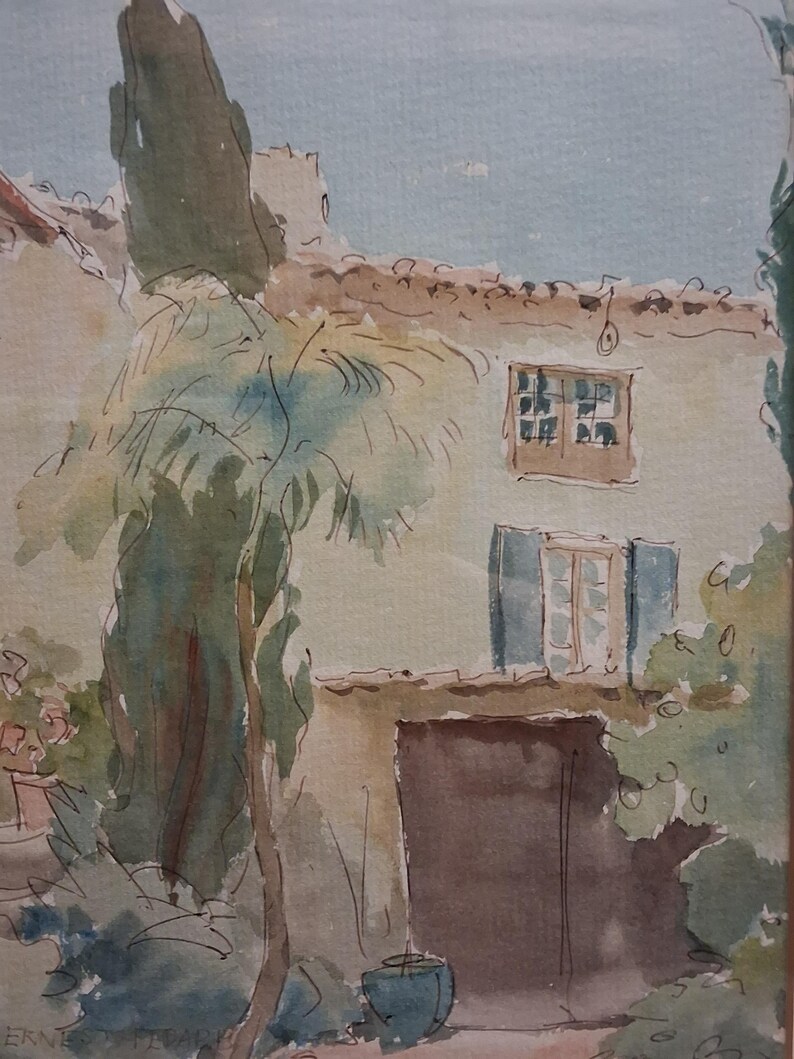 May include: Watercolor painting of a building with a brown door and blue shutters. The artwork depicts a sunny day with a light blue sky and lush greenery. A blue pot sits in the foreground.