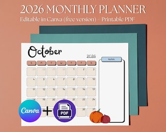 2026 Monthly Planner | Editable Canva Calendar Template | Printable PDF | Customizable Digital Planner | Instant Download
