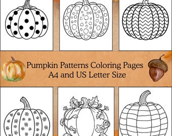 May include: A collection of pumpkin pattern coloring pages. The pages feature various pumpkin designs, including polka dots, zigzags, and floral patterns. The text "Pumpkin Patterns Coloring Pages A4 and US Letter Size" is displayed.
