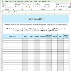 May include: A spreadsheet template for an allergen list, with a blue header that reads "Insert Logo Here." The table includes columns for menu items, dairy, eggs, peanuts, tree nuts, shellfish/seafood, sesame, soy, and wheat/gluten. Text at the top explains allergen codes.