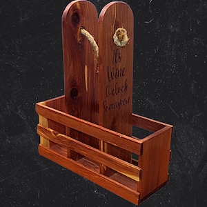 Rustic Wood Wine Caddy: Engraved "Wine O'Clock", Rope Handle