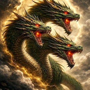 Puede incluir: Ilustración digital de un dragón de tres cabezas con escamas verdes y ojos rojos brillantes. Las bocas del dragón están abiertas, revelando afilados dientes. El fondo presenta un cielo tormentoso con relámpagos y un aura dorada.