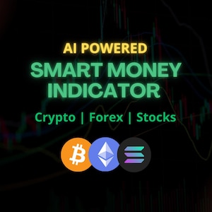 Op de afbeelding: Een donkere achtergrond met de tekst "AI POWERED SMART MONEY INDICATOR" in het groen. Daaronder staat "Crypto | Forex | Stocks" en zijn logo's van Bitcoin, Ethereum en Solana te zien. De achtergrond heeft een grafiekachtig ontwerp.