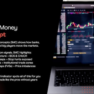 May include: A laptop and smartphone displaying stock market charts. The smartphone, held in a hand, shows a detailed graph with numbers. The laptop screen also shows a similar chart. Text on the screen reads "Smart Money Concept".