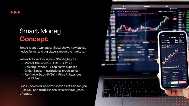 May include: A laptop and smartphone displaying stock market charts. The smartphone, held in a hand, shows a detailed graph with numbers. The laptop screen also shows a similar chart. Text on the screen reads "Smart Money Concept".