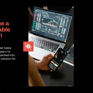 May include: Image of a laptop and smartphone displaying financial charts, suggesting trading or investment analysis. The text "Become a profitable trader!" is displayed in red, along with supporting text. A red icon with a dollar sign is also visible.