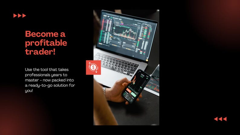 May include: Image of a laptop and smartphone displaying financial charts, suggesting trading or investment analysis. The text "Become a profitable trader!" is displayed in red, along with supporting text. A red icon with a dollar sign is also visible.