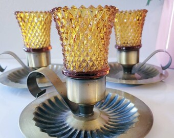 Vintage Brass Chamberstick Candle Holder with Glass Votive