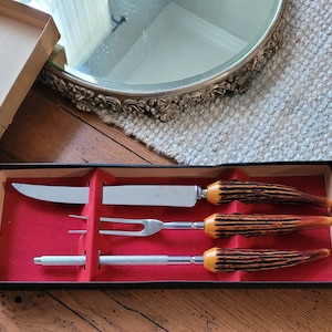Stag Antler Crown Crest Sheffield England Carving Set Vintage Stainless Carving Set Vintage Serving