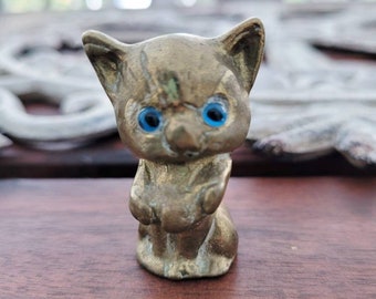 Vintage Brass Cat Figurine with Blue Jewel Eyes