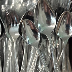 May include: A collection of stainless steel spoons and forks, each individually wrapped in clear plastic. The handles of the silverware feature a raised floral pattern, and the metal surfaces have a polished, reflective finish.