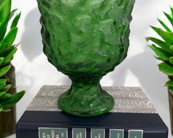 E O Brady Green Crinkle Glass Compote: Vintage Pedestal Bowl