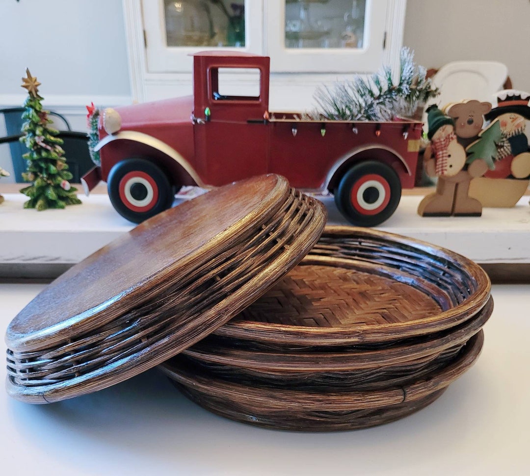 Vintage Round Wicker Trays Wicker Tray Lot of 4 Bamboo Trays Wicker Tray Vintage Serving Vintage