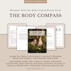 Puede incluir: Una descarga digital titulada "THE BODY COMPASS" con el texto: "Reconecta con las señales y ciclos naturales de tu cuerpo." La imagen muestra un kit de herramientas con cinco prácticas de conexión a tierra.