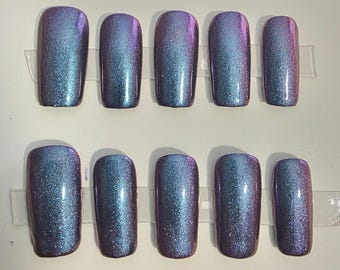 Zestaw do zdobienia paznokci metodą Press-On w kolorze fioletowym Chameleon Galaxy, ręcznie robiony, wielokrotnego użytku, kompletny zestaw, błyszczący, piękny, personalizowany.