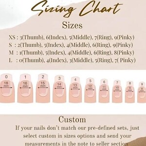 Może przedstawiać: Tabela rozmiar&oacute;w paznokci, z rozmiarami od XS do L. Tabela zawiera pomiary w milimetrach dla każdego paznokcia, od 18 mm do 8 mm. Zawiera instrukcje dotyczące rozmiar&oacute;w niestandardowych.