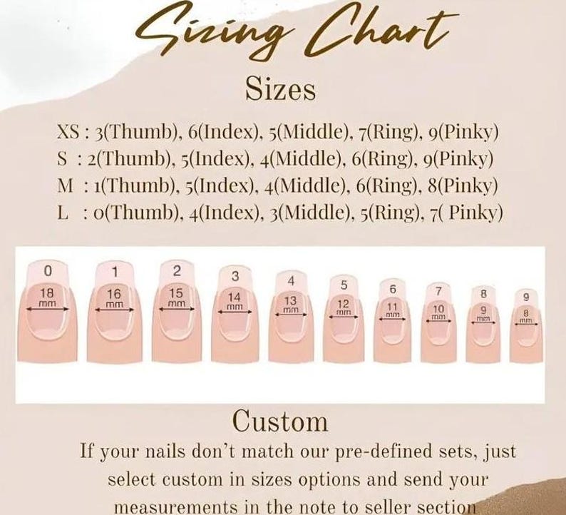 Może przedstawiać: Tabela rozmiar&oacute;w paznokci, z rozmiarami od XS do L. Tabela zawiera pomiary w milimetrach dla każdego paznokcia, od 18 mm do 8 mm. Zawiera instrukcje dotyczące rozmiar&oacute;w niestandardowych.