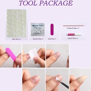 Może przedstawiać: Zestaw narzędzi do paznokci z napisem "TOOL PACKAGE". Zestaw zawiera żelowy klej, wacik nasączony alkoholem, pilnik do paznokci, klej w płynie i popychacz do sk&oacute;rek. Obrazek pokazuje r&oacute;wnież proces aplikacji.