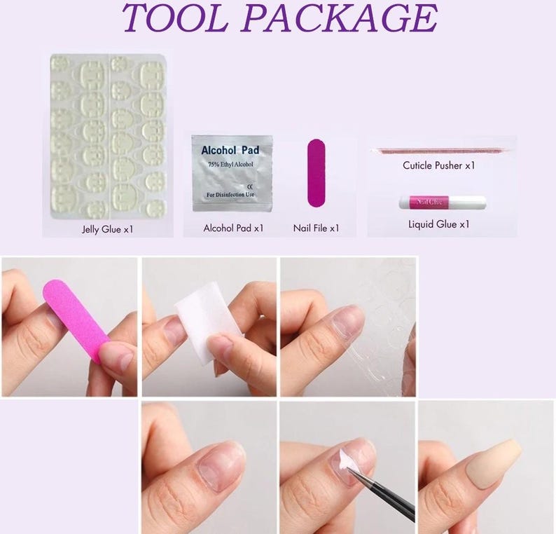 Może przedstawiać: Zestaw narzędzi do paznokci z napisem "TOOL PACKAGE". Zestaw zawiera żelowy klej, wacik nasączony alkoholem, pilnik do paznokci, klej w płynie i popychacz do sk&oacute;rek. Obrazek pokazuje r&oacute;wnież proces aplikacji.