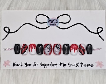 Zestaw do zdobienia paznokci metodą Gel-Nail w kolorze czerwonym z motywem horroru, ręcznie robiony, wielokrotnego użytku, kompletny zestaw, błyszczący, piękny, personalizowany.