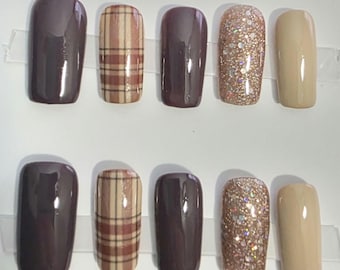 Zestaw żelowych lakierów do paznokci w kratkę w kolorze jesiennej kratki z brokatem w kolorze brązowym, ręcznie robiony, wielokrotnego użytku, kompletny zestaw, błyszczący, piękny, personalizowany.