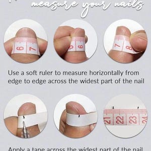 Może przedstawiać: Obraz instrukcji dotyczącej mierzenia paznokci. Tekst brzmi &bdquo;Jak mierzyć paznokcie&rdquo;. Kroki obejmują użycie miękkiej linijki i taśmy do pomiaru szerokości paznokcia. Pomiary są w centymetrach.