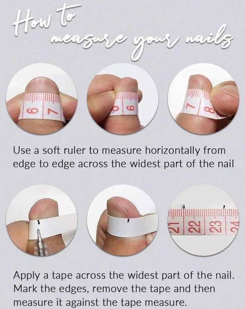 Może przedstawiać: Obraz instrukcji dotyczącej mierzenia paznokci. Tekst brzmi &bdquo;Jak mierzyć paznokcie&rdquo;. Kroki obejmują użycie miękkiej linijki i taśmy do pomiaru szerokości paznokcia. Pomiary są w centymetrach.