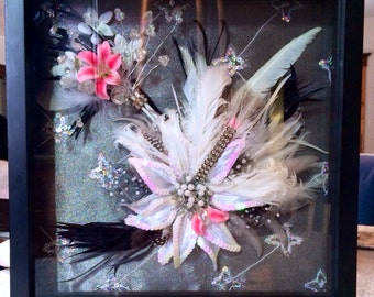 BEAUTY BOX Mixed Media Large Shadow Box Frame Vintage Silk Silver Black White Pink Rhinestone Flower Art Feathers Pearls