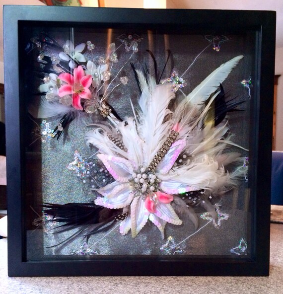 BEAUTY BOX Mixed Media Large Shadow Box Frame Vintage Silk Silver Black White Pink Rhinestone Flower Art Feathers Pearls