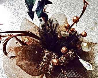 DEATH by CHOCOLATE Fascinator - vintage rhinestone beads, AB multicolored mocha trim and feathers