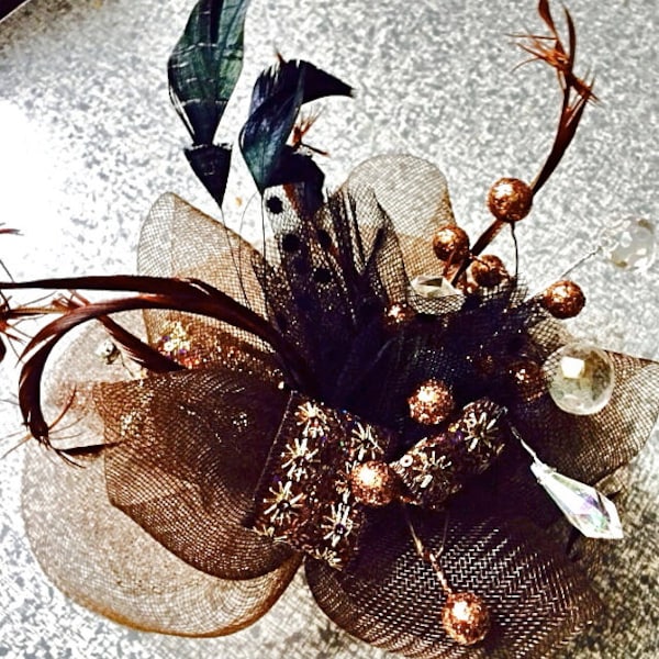 DEATH by CHOCOLATE Fascinator - vintage rhinestone beads, AB multicolored mocha trim and feathers