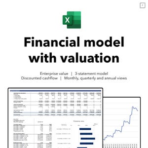 Op de afbeelding: Een financieel model met waardering, met een Excel-pictogram. De tekst beschrijft de ondernemingswaarde, het 3-statenmodel, de discounted cashflow en maandelijkse, kwartaal- en jaarlijkse weergaven.