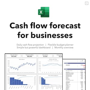 May include: A white background features the text "Cash flow forecast for businesses" with an Excel logo. Below, it states "Daily cash flow projection | Flexible budget planner | Simple but powerful dashboard | Monthly overview". Charts and financial data are displayed.