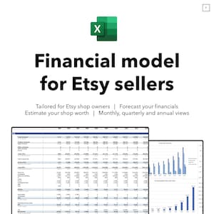 May include: A white background with the text "Financial model for Etsy sellers" and an Excel icon. The text also includes "Tailored for Etsy shop owners | Forecast your financials | Estimate your shop worth | Monthly, quarterly and annual views."