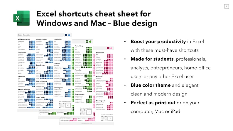 Excel Shortcuts Cheat Sheet - Blue Layout Printable Office PDF for ...