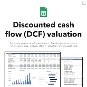 May include: A digital graphic with the title "Discounted cash flow (DCF) valuation" in bold black font. Below, text describes the valuation method for investors and analysts. The image includes financial data tables and charts, with a green document icon at the top.