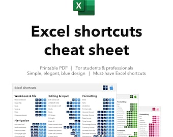 Excel shortcuts cheat sheet - Blue layout printable office PDF for Windows & Mac users