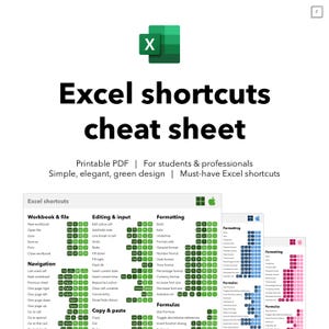 May include: A printable PDF cheat sheet for Excel shortcuts. The design is simple and elegant, with a green color scheme. The sheet includes shortcuts for workbook and file management, editing, formatting, and formulas.