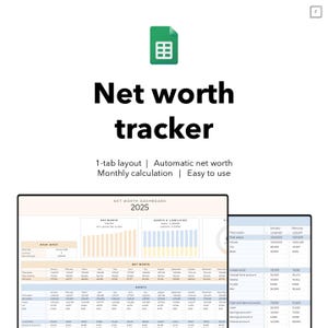 Może przedstawiać: Cyfrowy tracker wartości netto z zieloną ikoną i tytułem "Net worth tracker". Obraz zawiera tekst "1-tab layout | Automatic net worth | Monthly calculation | Easy to use". Widoczny jest arkusz kalkulacyjny.
