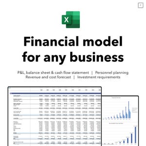 Op de afbeelding: Afbeelding van een financieel model voor elk bedrijf, met een Excel-logo. De tekst bevat "W&V, balans & kasstroomoverzicht" en "Omzet- en kostenprognose". Twee spreadsheets en grafieken zijn zichtbaar.