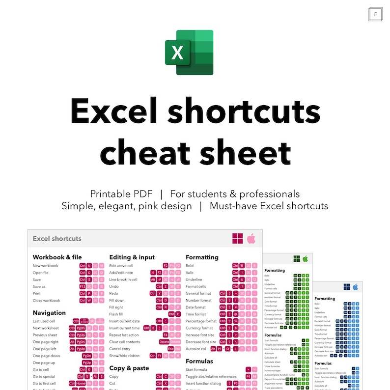 Excel Shortcuts Cheat Sheet - Pink Layout Printable Office PDF for ...