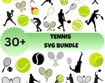 Pakiet plików SVG z motywami tenisowymi: plik do wycinania tenisa, plik SVG z obrazami sportowymi, plik SVG z rakietą tenisową, pliki cyfrowe (do natychmiastowego pobrania)