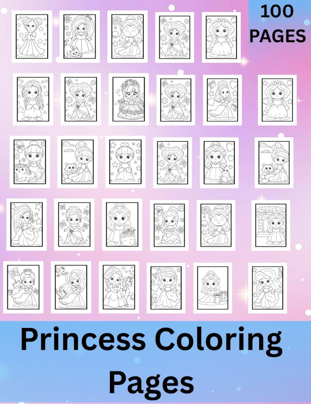100 Cute Princess Coloring Pages, Kids Activity Book (PDF File) - Etsy