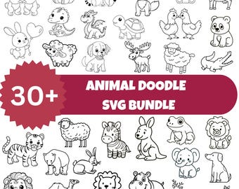 Animal Doodle SVG PNG Bundle |  Dogs Cats Safari Farm Sea Animals | Digital Download