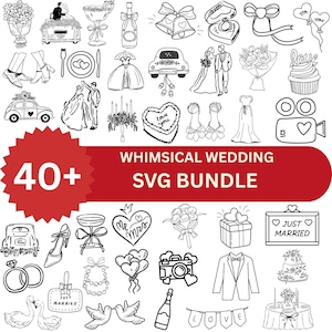 May include: A black and white SVG bundle with whimsical wedding-themed illustrations. The image includes drawings of wedding cakes, champagne bottles, wedding dresses, cars, and the text "WHIMSICAL WEDDING SVG BUNDLE".