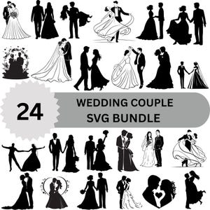 Puede incluir: Un conjunto de 24 diseños SVG de parejas de boda en blanco y negro. Las imágenes representan varias poses, incluyendo bailar, tomarse de la mano y abrazarse. También se incluye el texto "WEDDING COUPLE SVG BUNDLE".